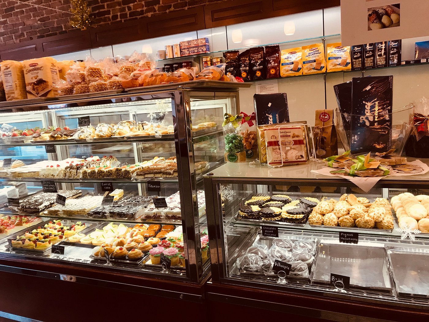 Display cases inside Modern Pastry Shop in Boston's North End