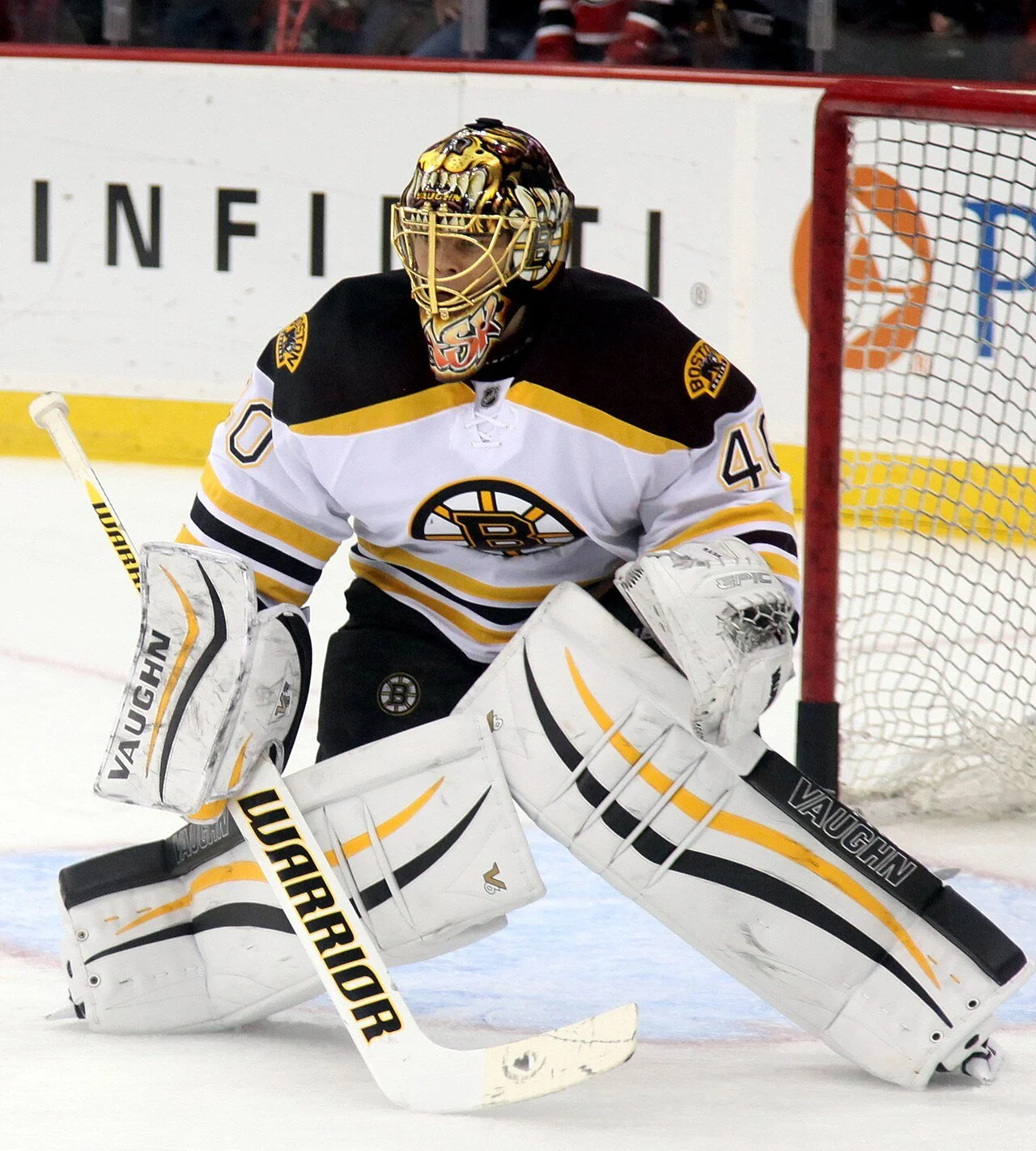 Tuukka Rask in goal for the Boston Bruins during a game against the New Jersey Devils