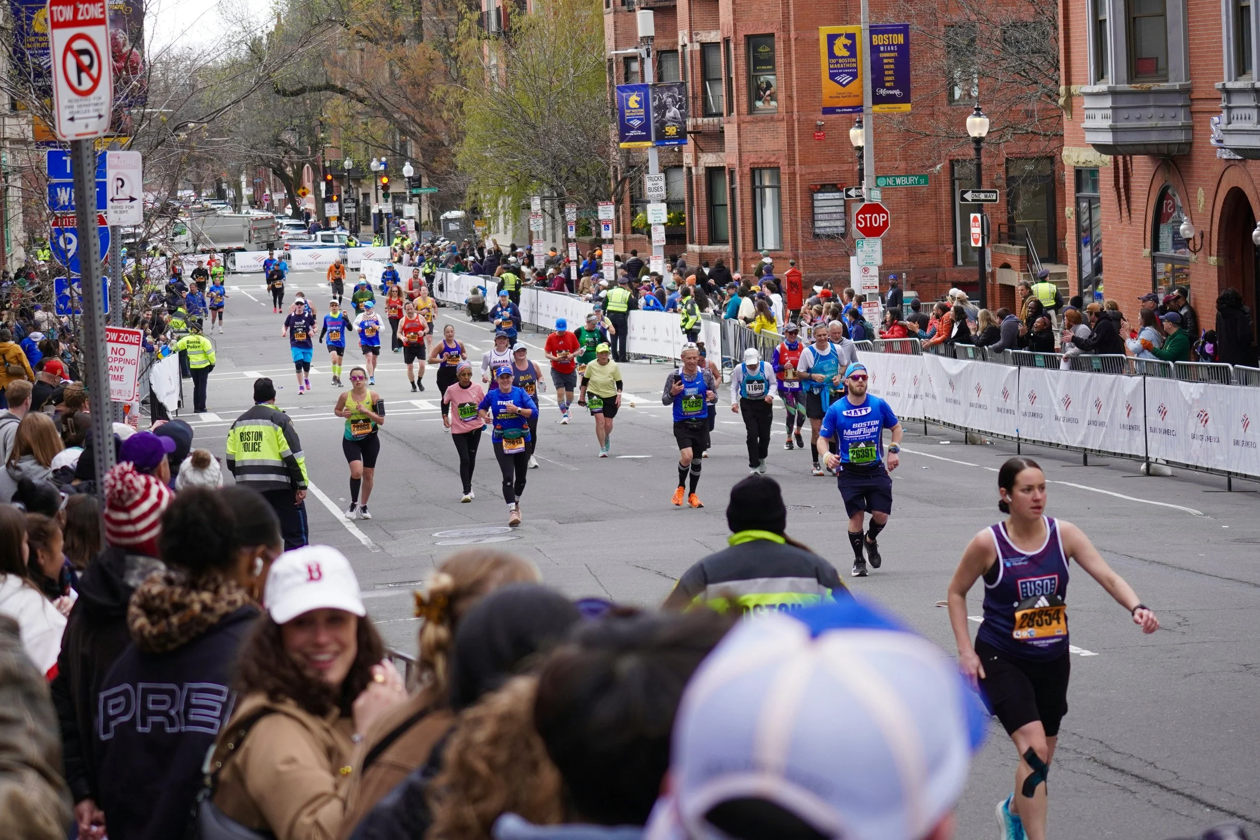 Runners and cheering crowds along Boylston Street during the Boston Marathon