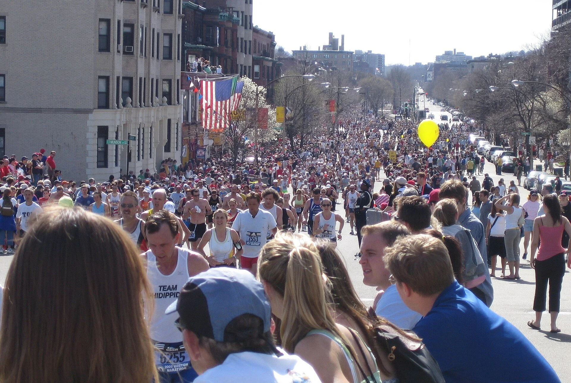 Runners on Beacon Street near mile 25 during the Boston Marathon