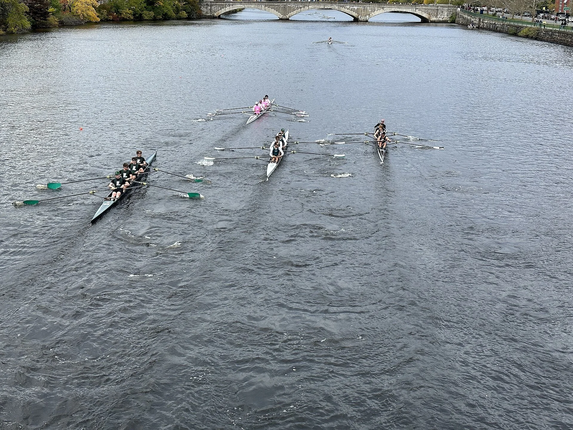 Several rowing sculls or eights navigating the Charles River during a regatta, likely the Head of the Charles Regatta in Cambridge, Massachusetts