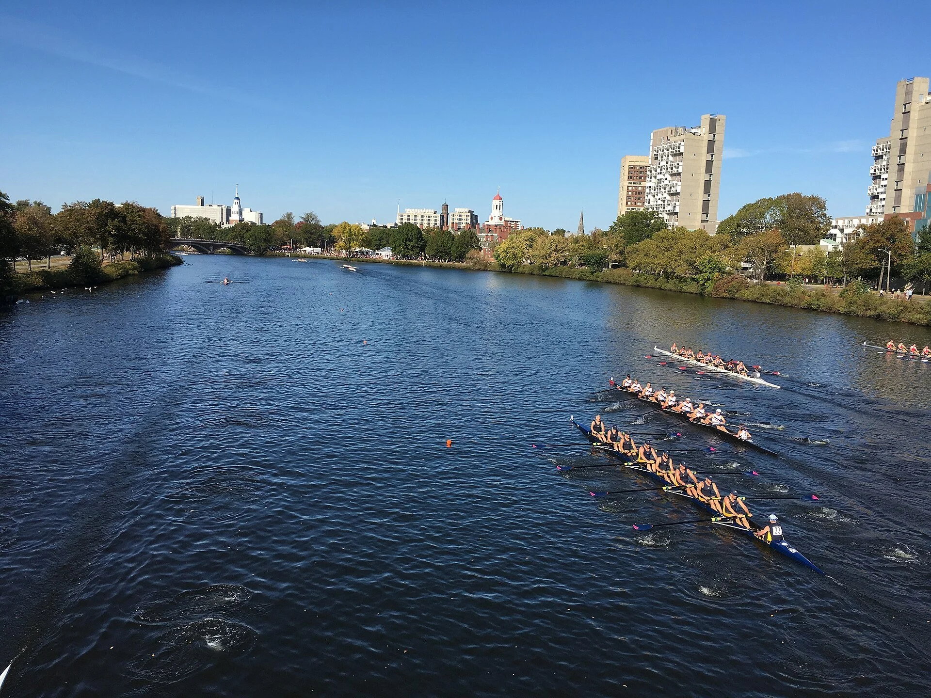 The annual Head of the Charles Regatta on the Charles River in Boston and Cambridge, Massachusetts