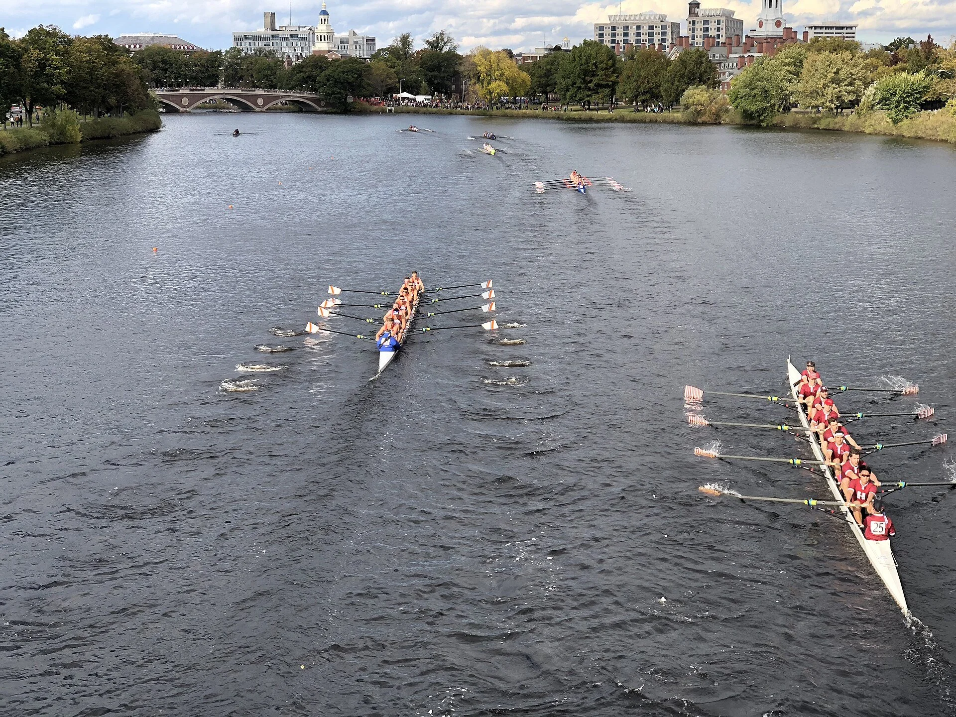 Competitive rowing eights on the Charles River during the Head of the Charles Regatta in Massachusetts