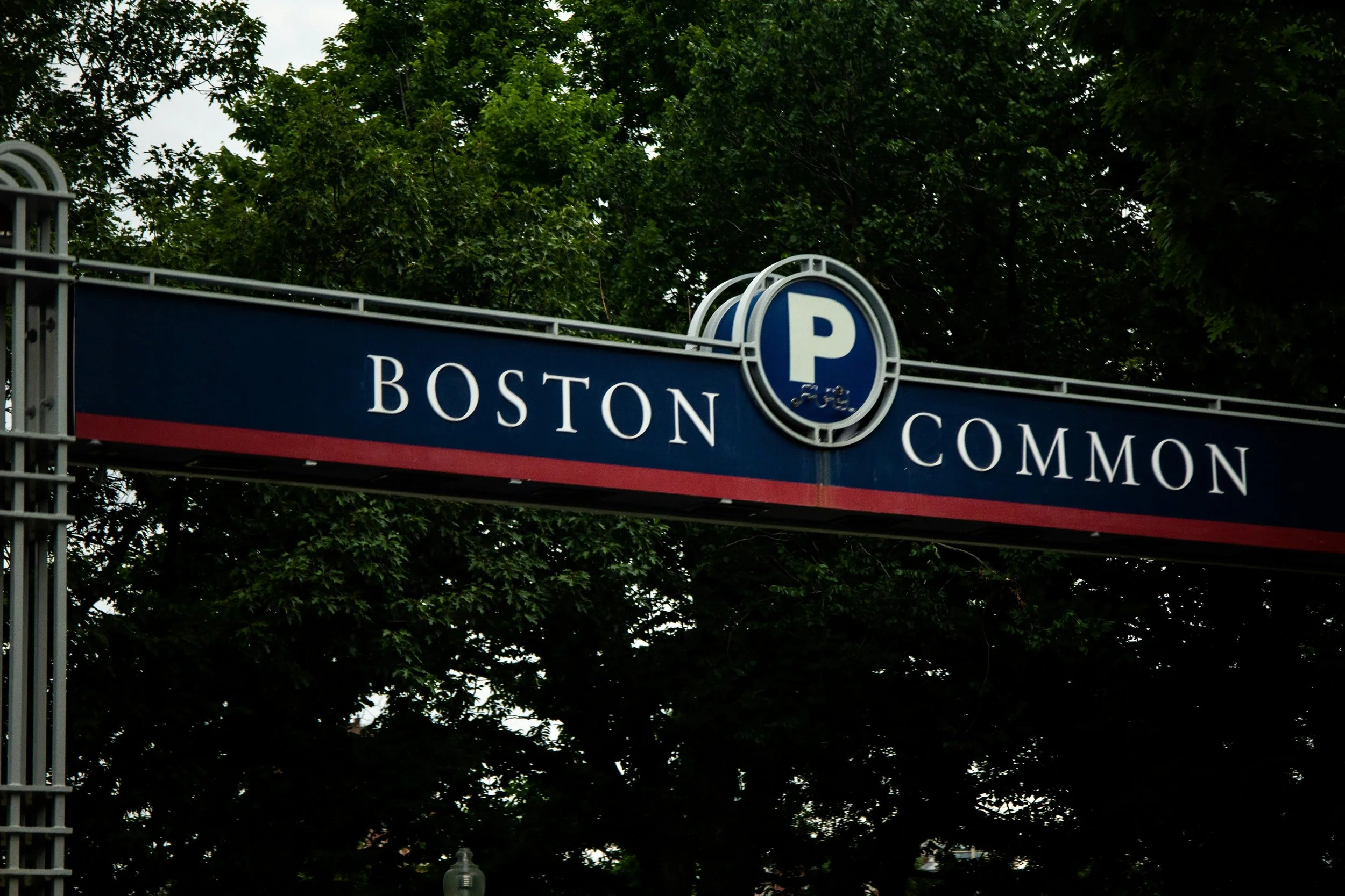 The entrance sign for the Boston Common Garage located at Zero Charles Street in Boston, Massachusetts
