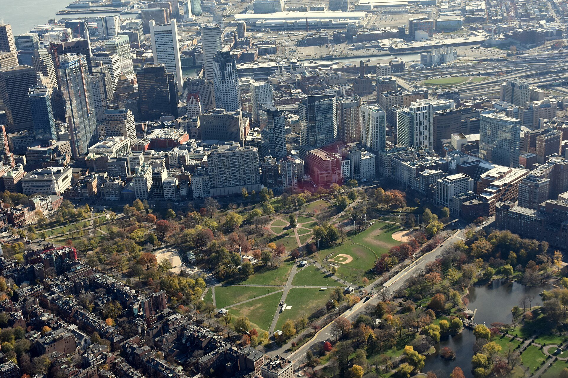 Aerial View of Boston Common, Beacon Hill, Public Garden, and Boston Financial District