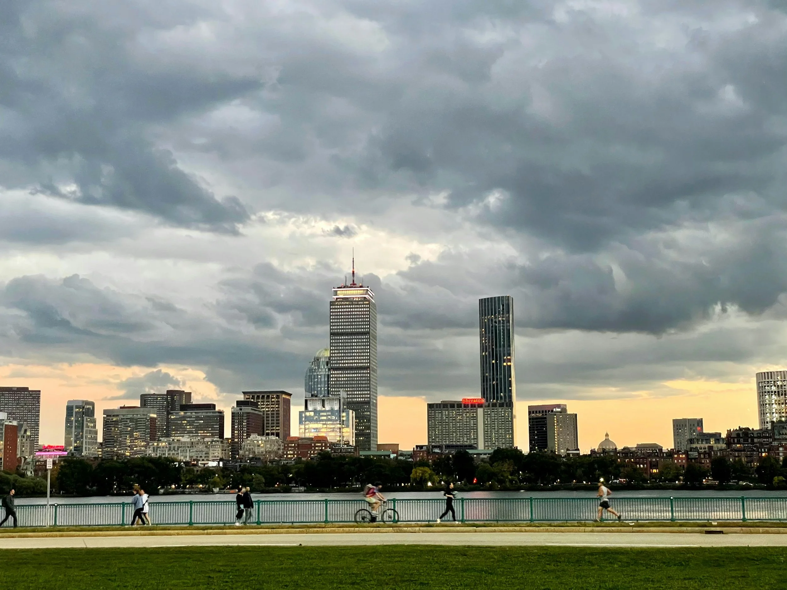  View of Boston's Back Bay skyline neighborhood looking over the Charles River from Cambridge.