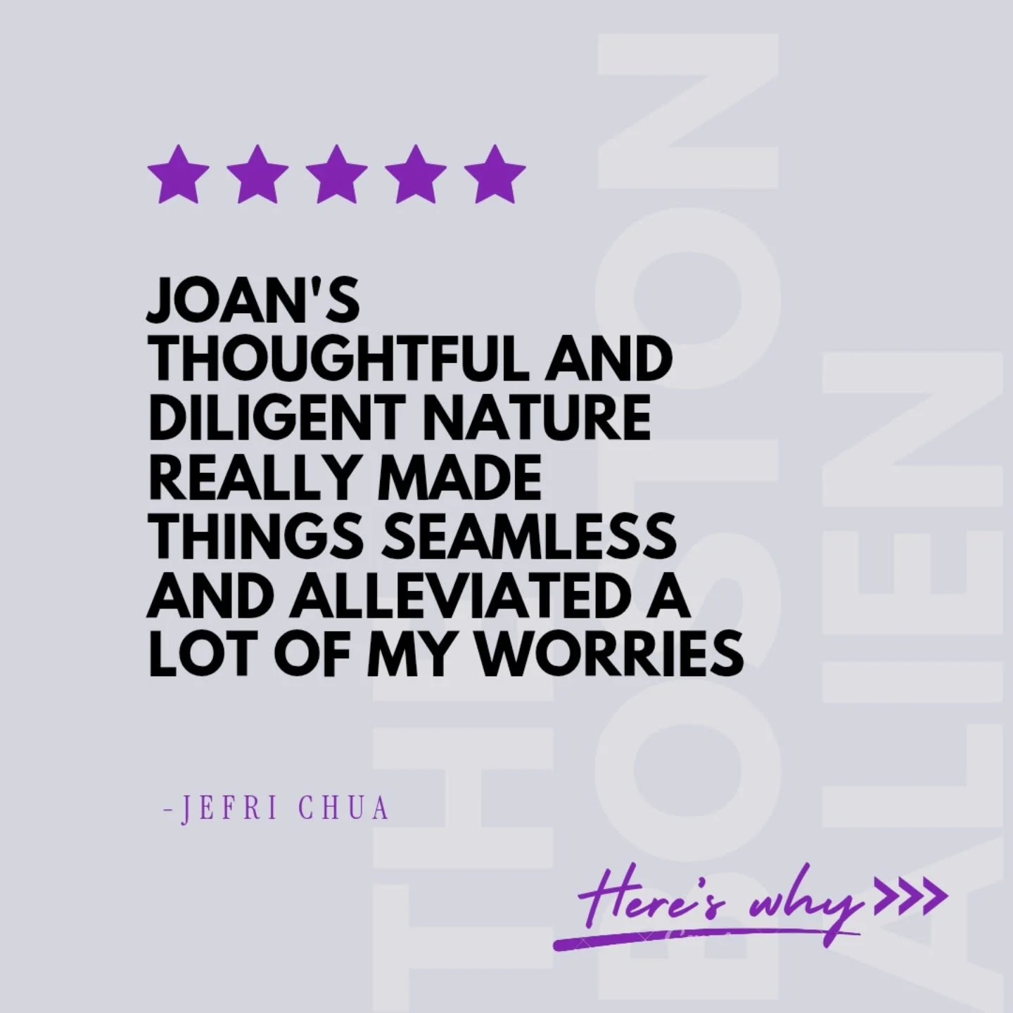 Moving to a new city is stressful enough. Having someone you can trust to look out for you every step of the way makes all the difference.

This testimonial really captures what Joan does best - listening, anticipating needs, and going above and beyo