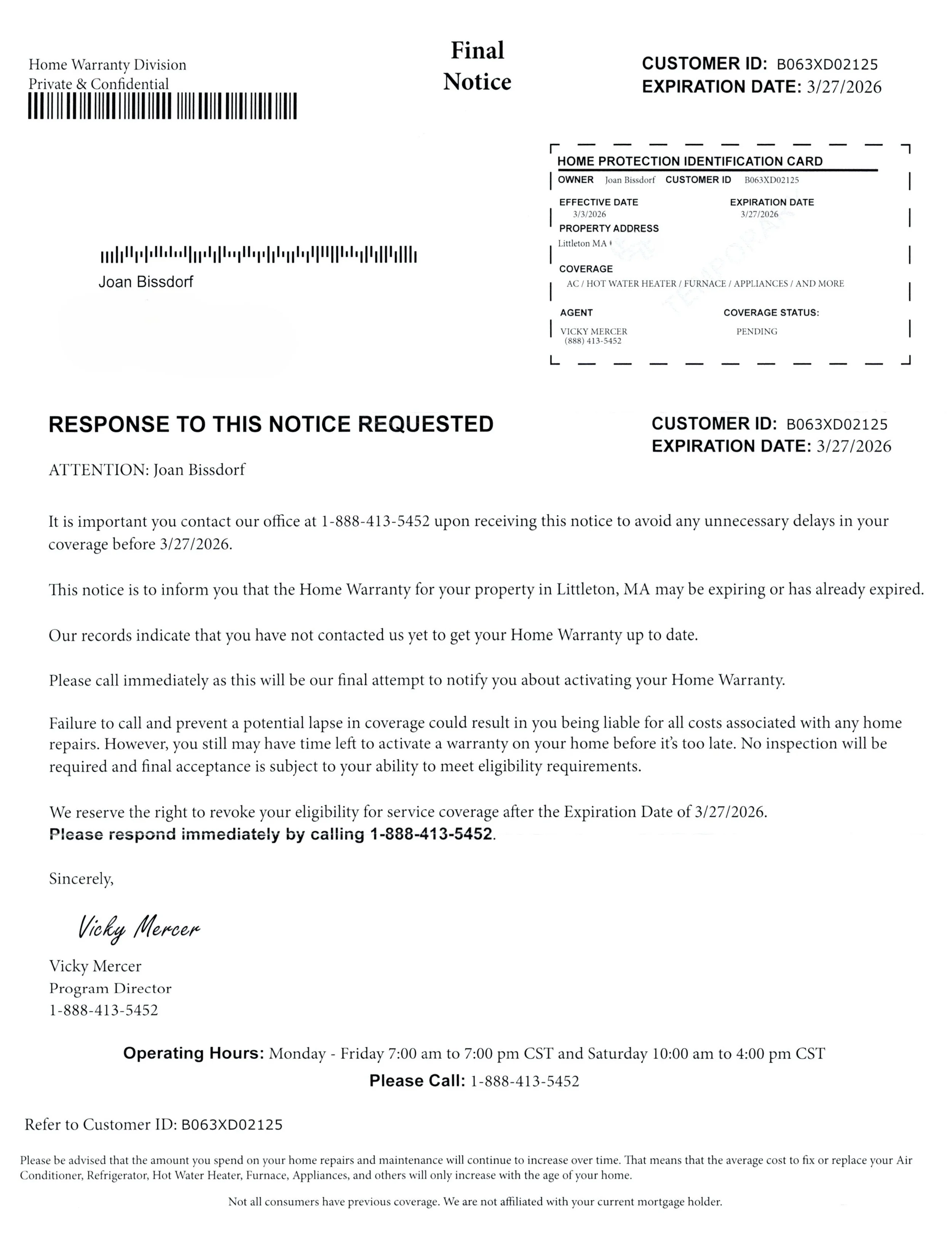 Scam mail urging about home coverage