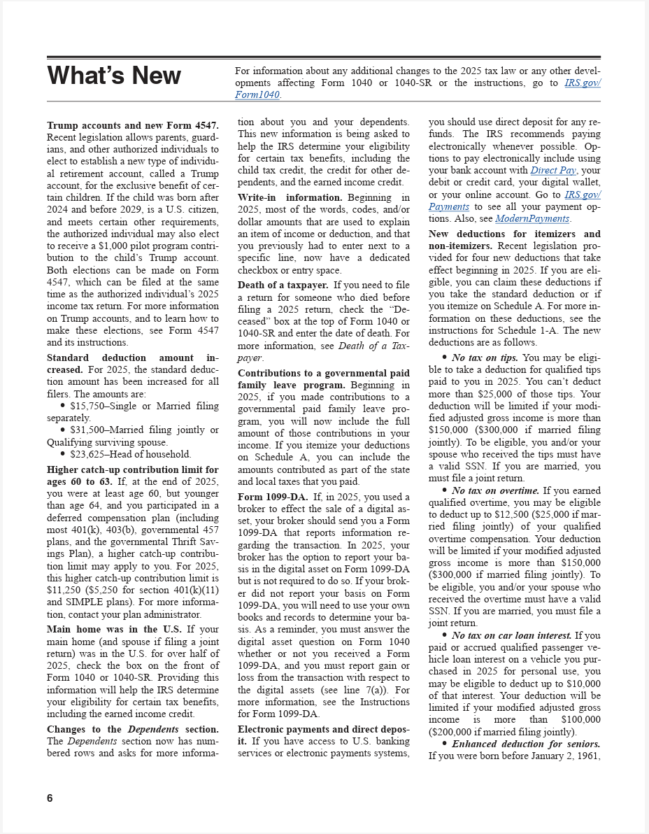 What's New section of Form 1040