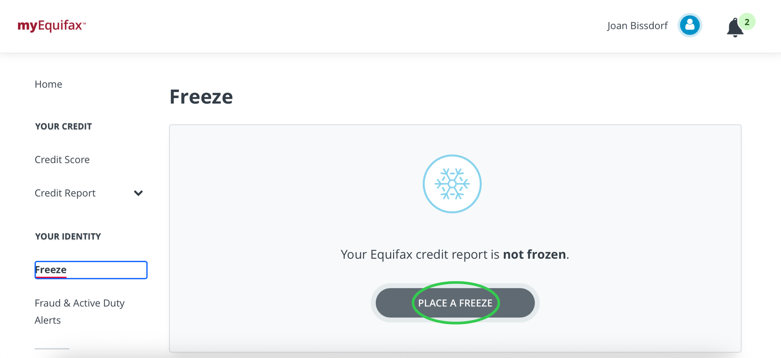 Equifax Freeze page