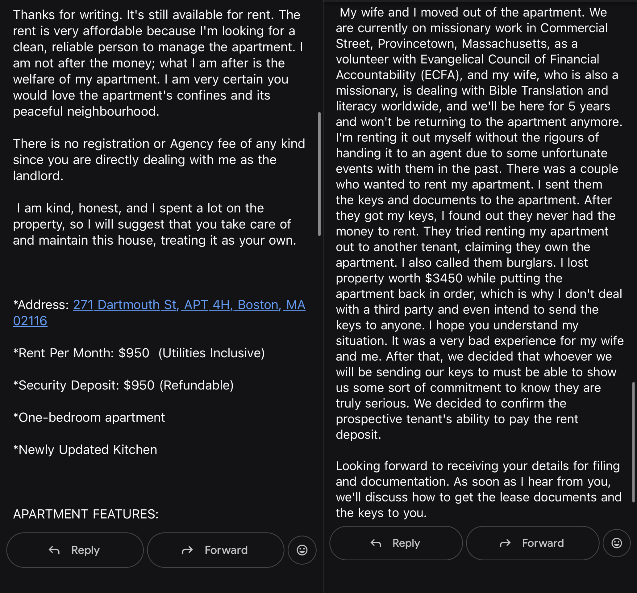 Someone has taken the details of one of Joan's recent listings and is posing as the landlord of the apartment.