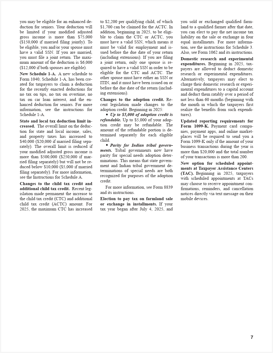 What's New section of Form 1040