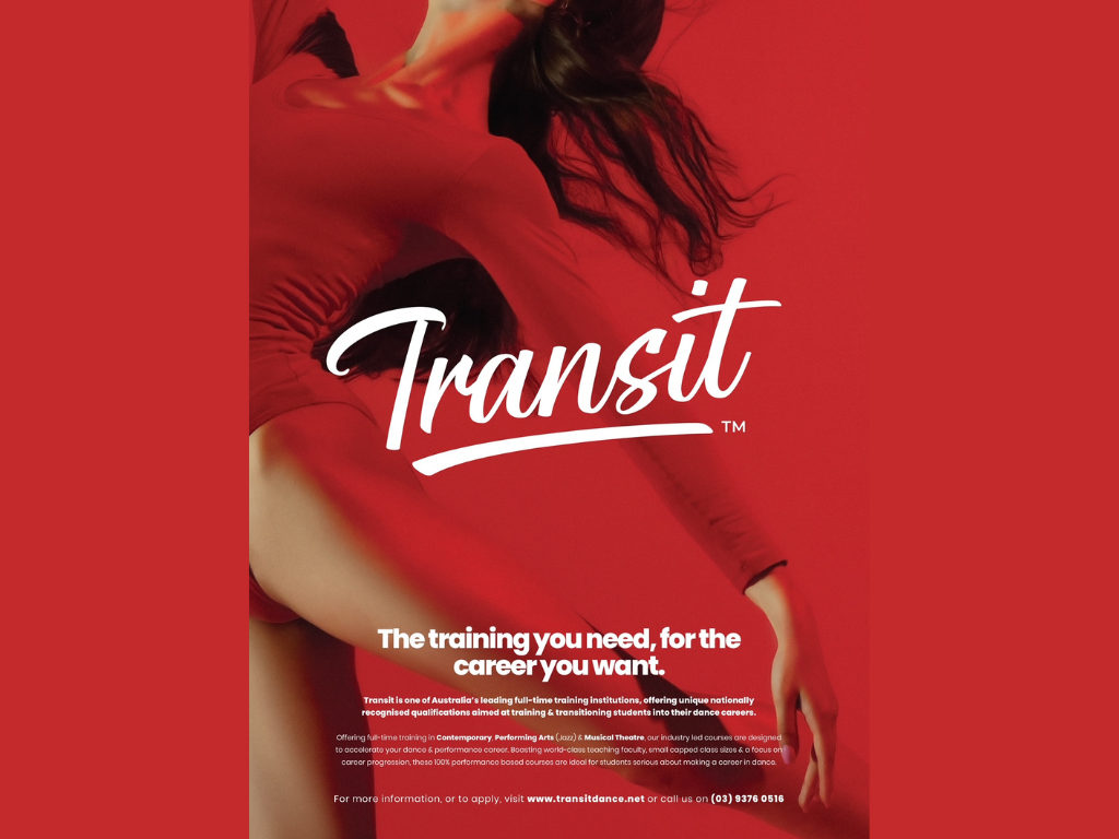 Advertisement for Transit Dance promoting dance training programs in Australia, featuring a dancer in motion wearing a red outfit against a red background.