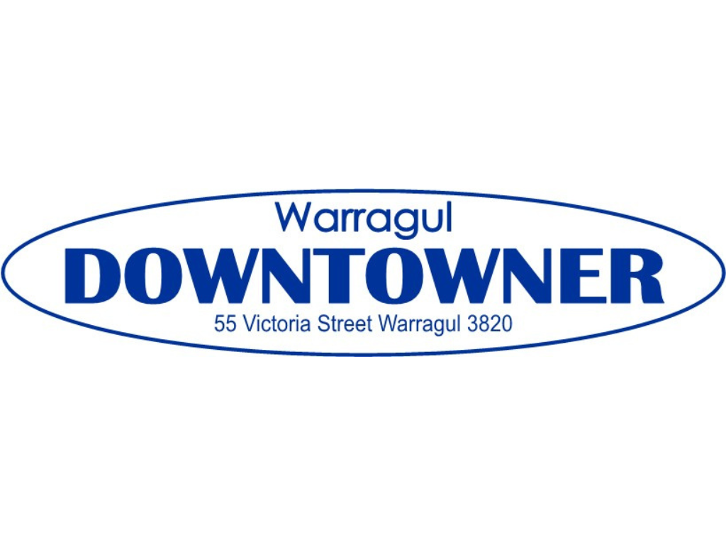 Logo with text "Warragul Downtowner, 55 Victoria Street, Warragul 3820" inside an oval shape.