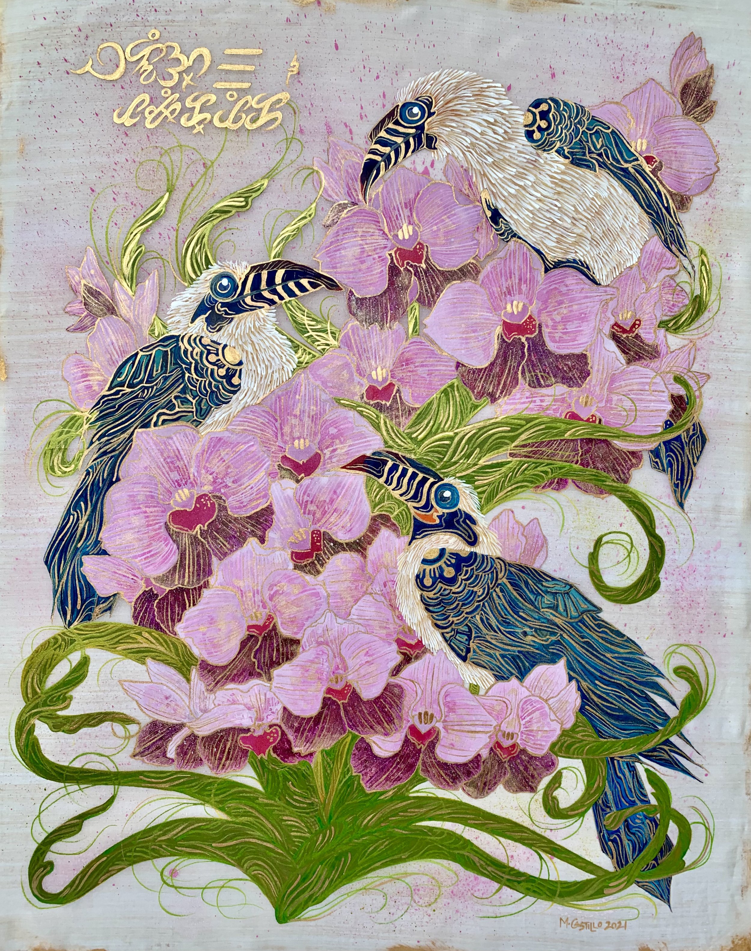 Waling-waling orchids and Tarictic Hornbills
50 cm x 40 cm
2021
Acrylic on Jusi Piña textile