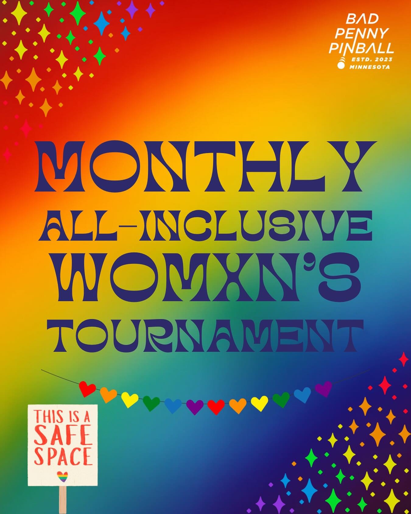 🏳️&zwj;🌈HAPPY PRIDE MONTH🏳️&zwj;🌈

WOMXN&rsquo;S MONTHLY TOURNAMENT TONIGHT!
6:30pm sign up
7:00pm start
$6 + coin drop
Group matchplay from 7-9pm

ALL SKILL LEVELS WELCOME!