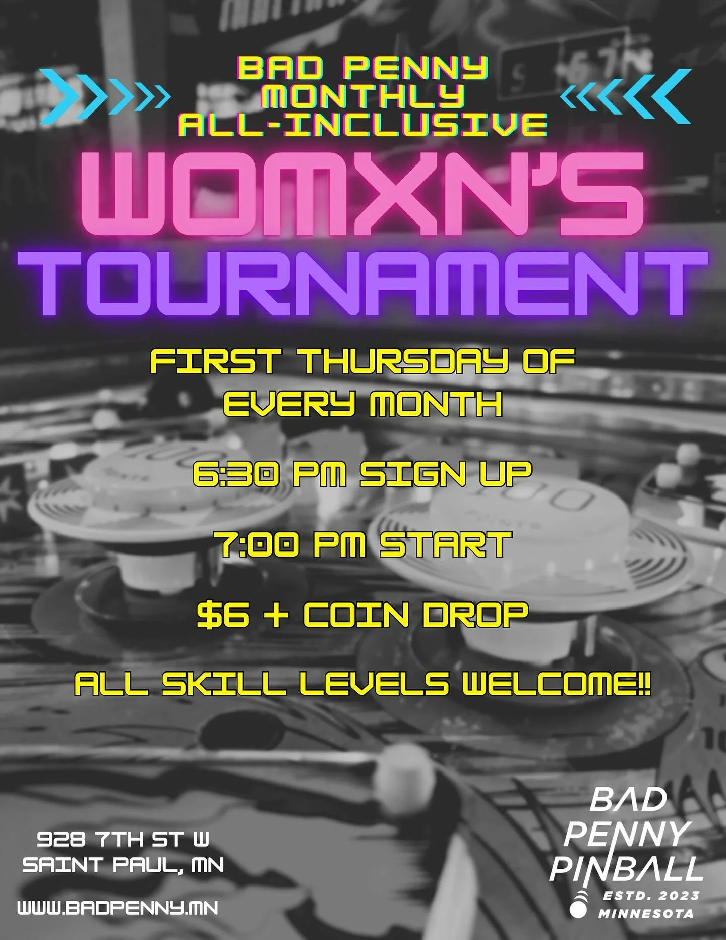 💥WOMXN&rsquo;S TOURNAMENT TONIGHT!💥

6:30pm sign up
7:00pm start 
$6+ coin drop
Group matchplay from 7-9pm

ALL SKILL LEVELS WELCOME!!