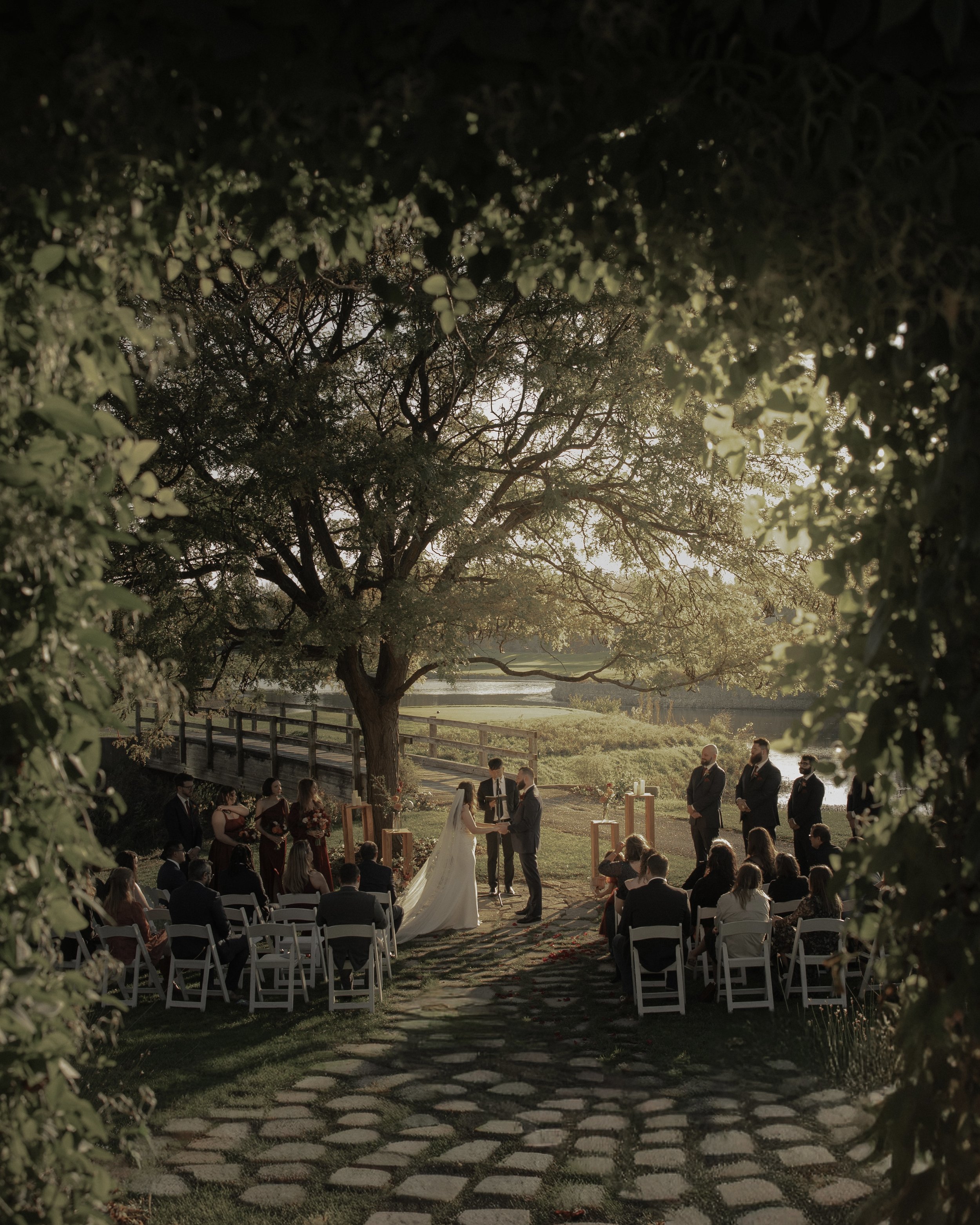 Outdoor wedding ceremony under a large tree, with guests seated on white chairs, and the couple exchanging vows at sunset.