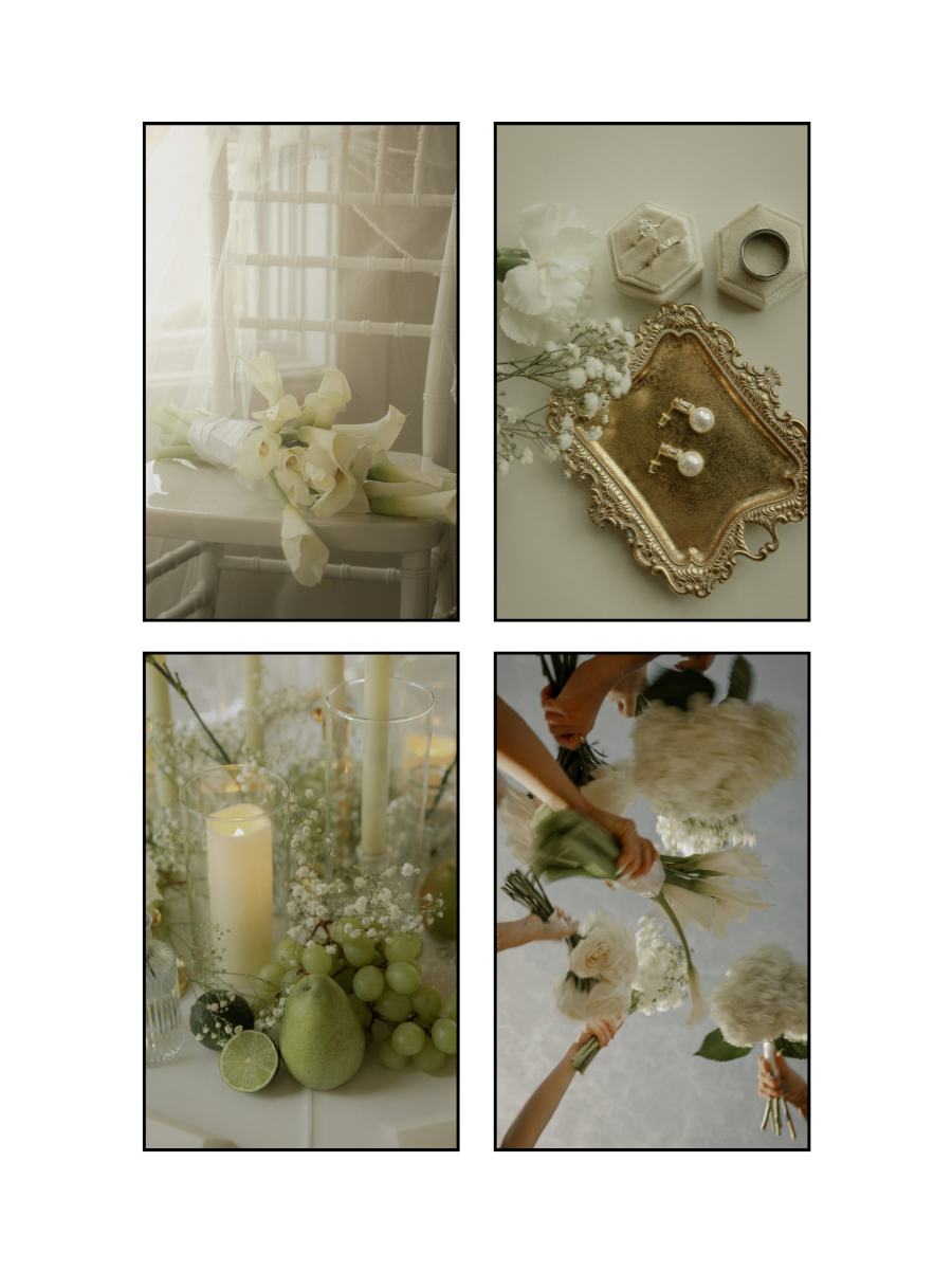 A wedding collage featuring a white floral bouquet on a chair, jewelry and accessories on a tray, a candle centerpieces with grapes and lime, and a bride and bridesmaids holding bouquets of white flowers.