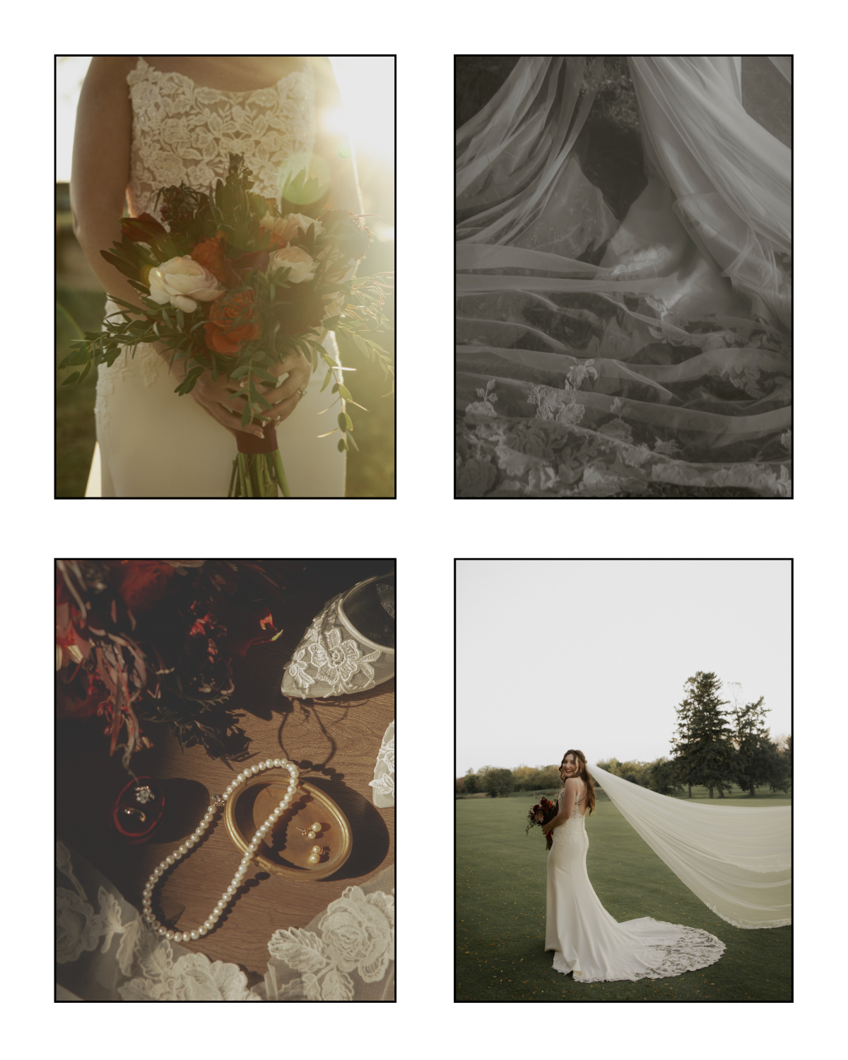 Wedding photos depicting a bride holding a bouquet, a close-up of wedding accessories including jewelry and lace, a wedding gown with a train, and the bride standing outdoors holding her bouquet.
