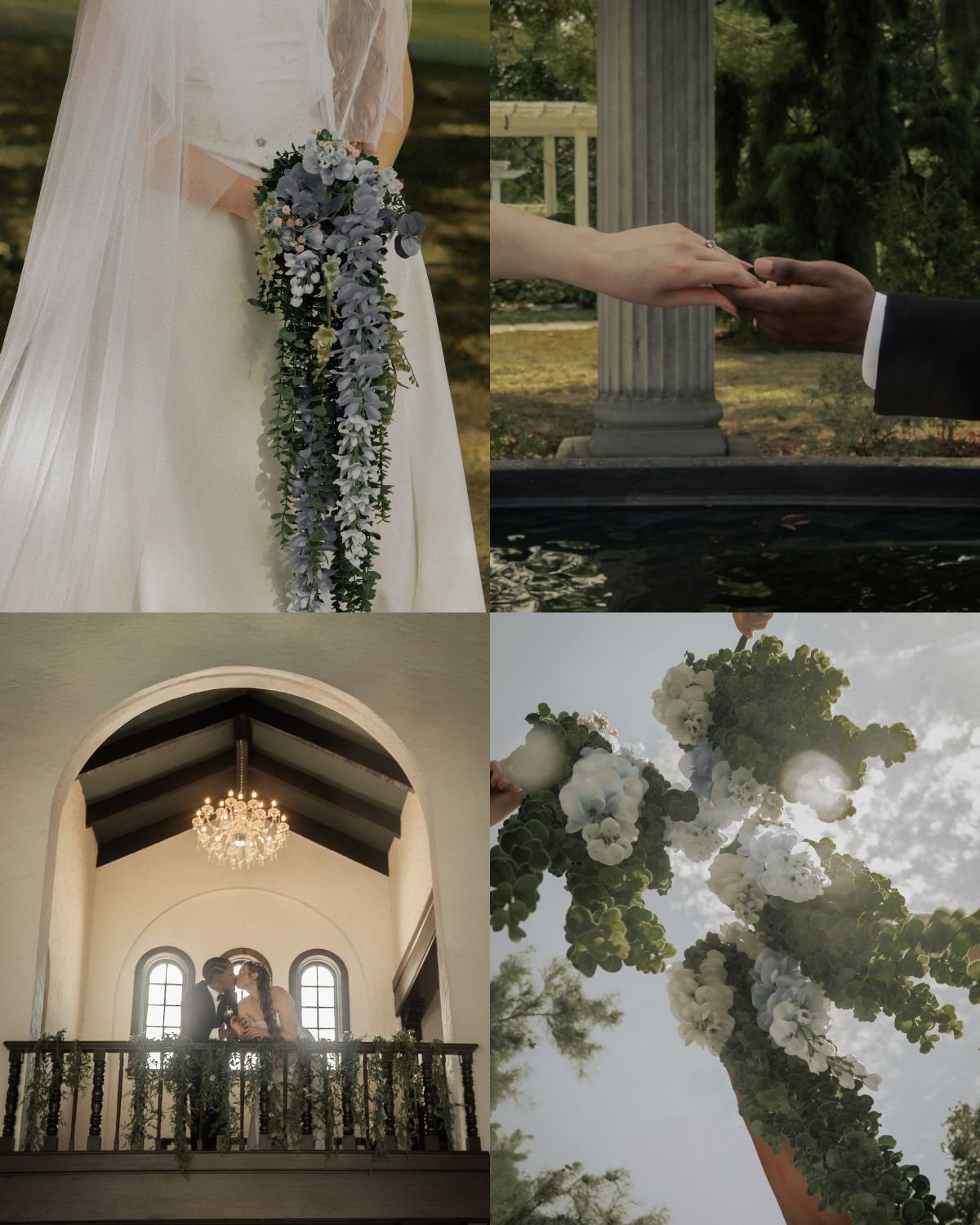 Four images from a wedding: a bride holding a cascading bouquet, hands of the bride and groom reaching for each other, a couple kissing on a balcony inside a church, and a large floral arrangement against the sky.