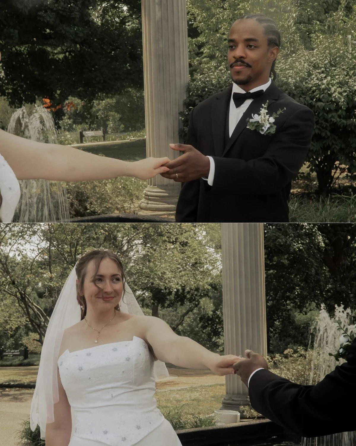 A bride and groom exchanging wedding rings outdoors near a fountain and columns, surrounded by trees.