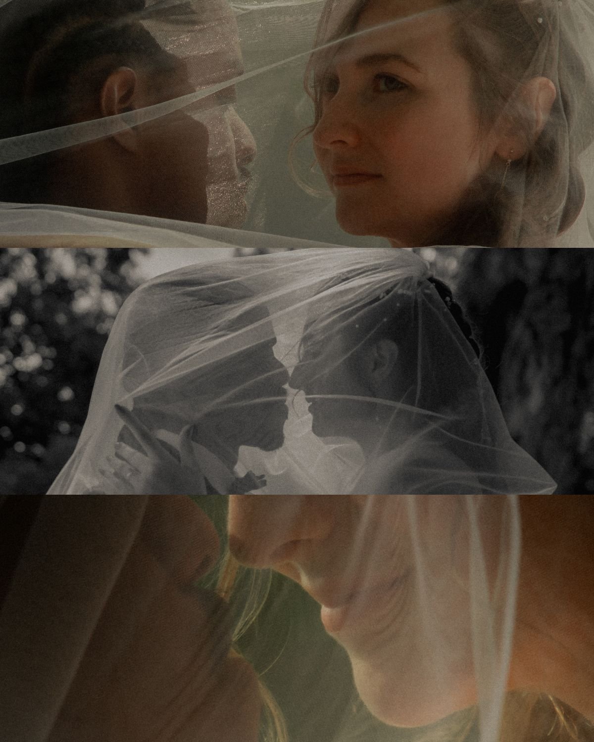 A collage of three images showing couples behind baby-doll sheer fabric. The top image is a man and woman looking at each other through the fabric. The middle image is two women about to kiss with the fabric over them. The bottom image is a person wi