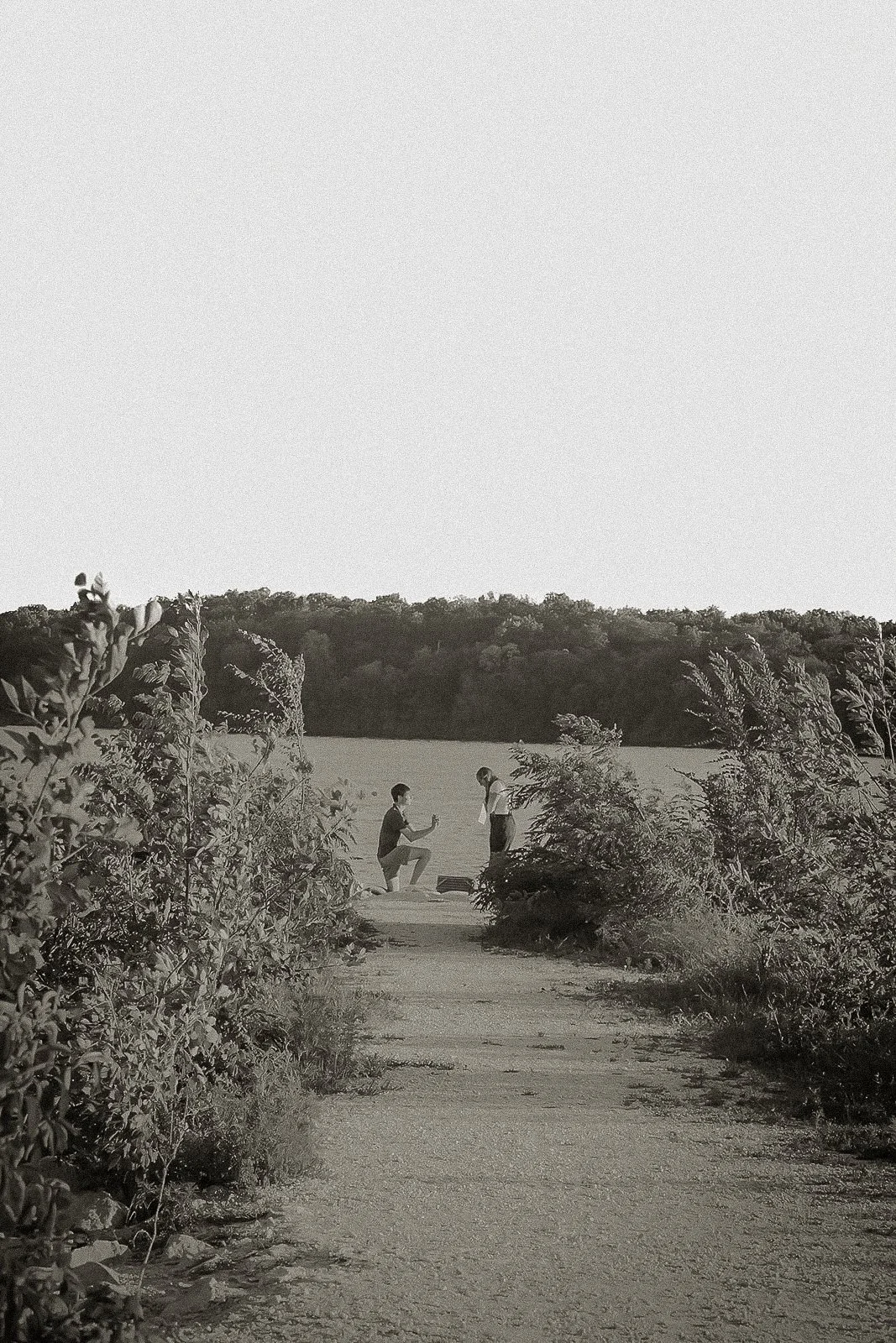A man kneeling on one knee in snow proposes to a woman, who covers her mouth in surprise, with trees and a sunset in the background.