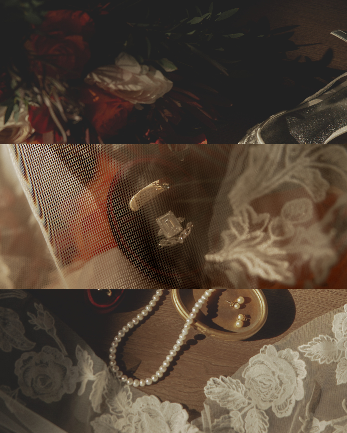 A collection of elegant jewelry and accessories, including pearl necklaces, earrings, bracelets, and a lace fabric, arranged on a wooden surface.