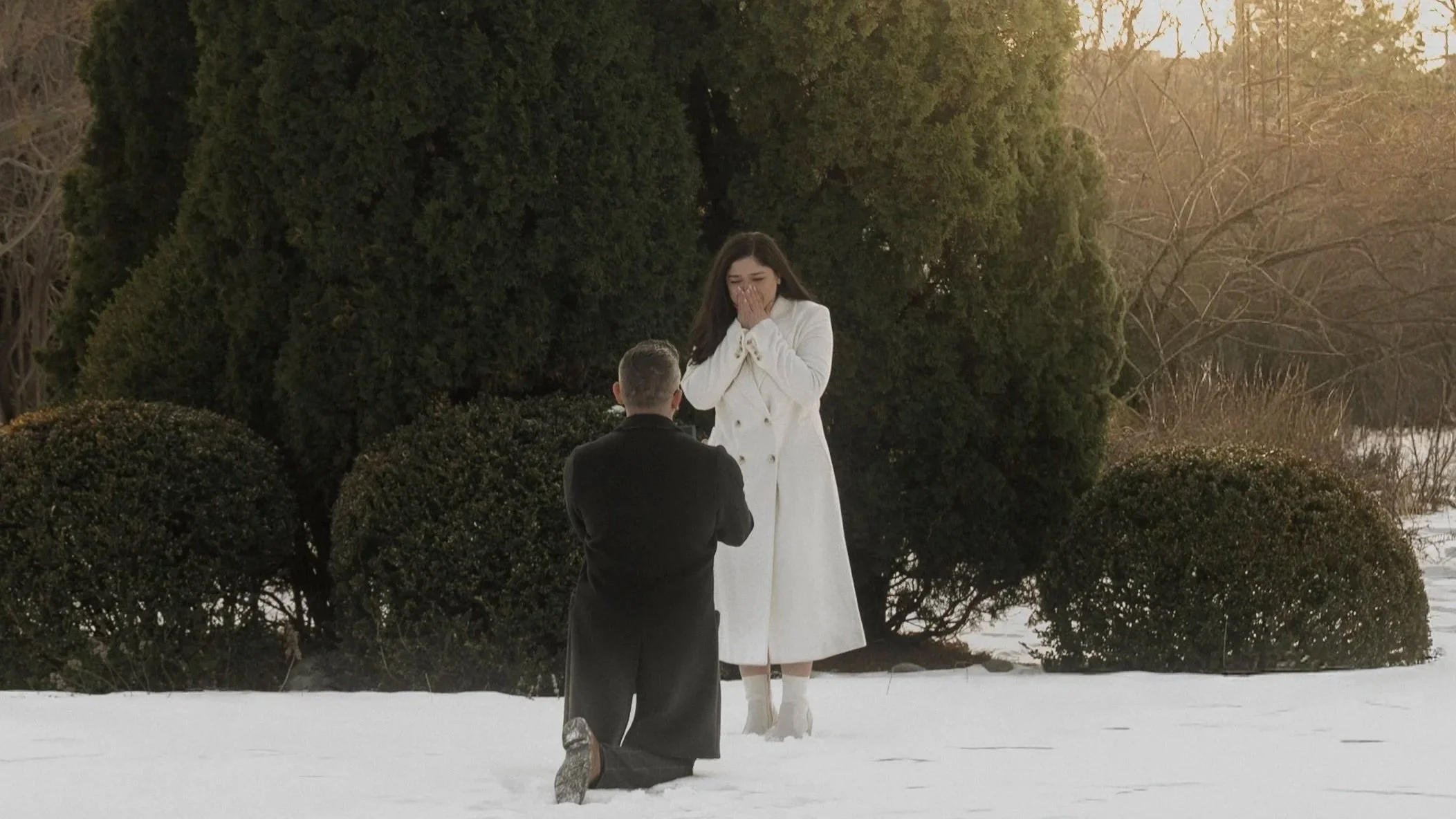 A man kneeling on one knee in snow proposes to a woman, who covers her mouth in surprise, with trees and a sunset in the background.