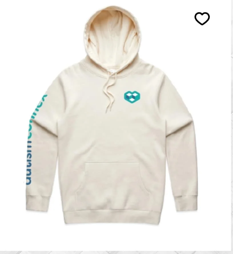 Cream-colored hoodie with teal logo on the chest and blue text on the left sleeve, featuring a front pocket and drawstrings on the hood.