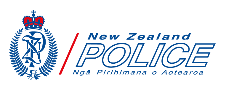 Logo of New Zealand Police with a blue shield emblem, a red crown on top, and the words 'New Zealand Police' alongside a Maori phrase.