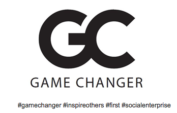 Logo with the letters 'GC' and the words 'Game Changer' beneath, along with hashtags #gamechanger, #inspireothers, #first, and #socialenterprize.