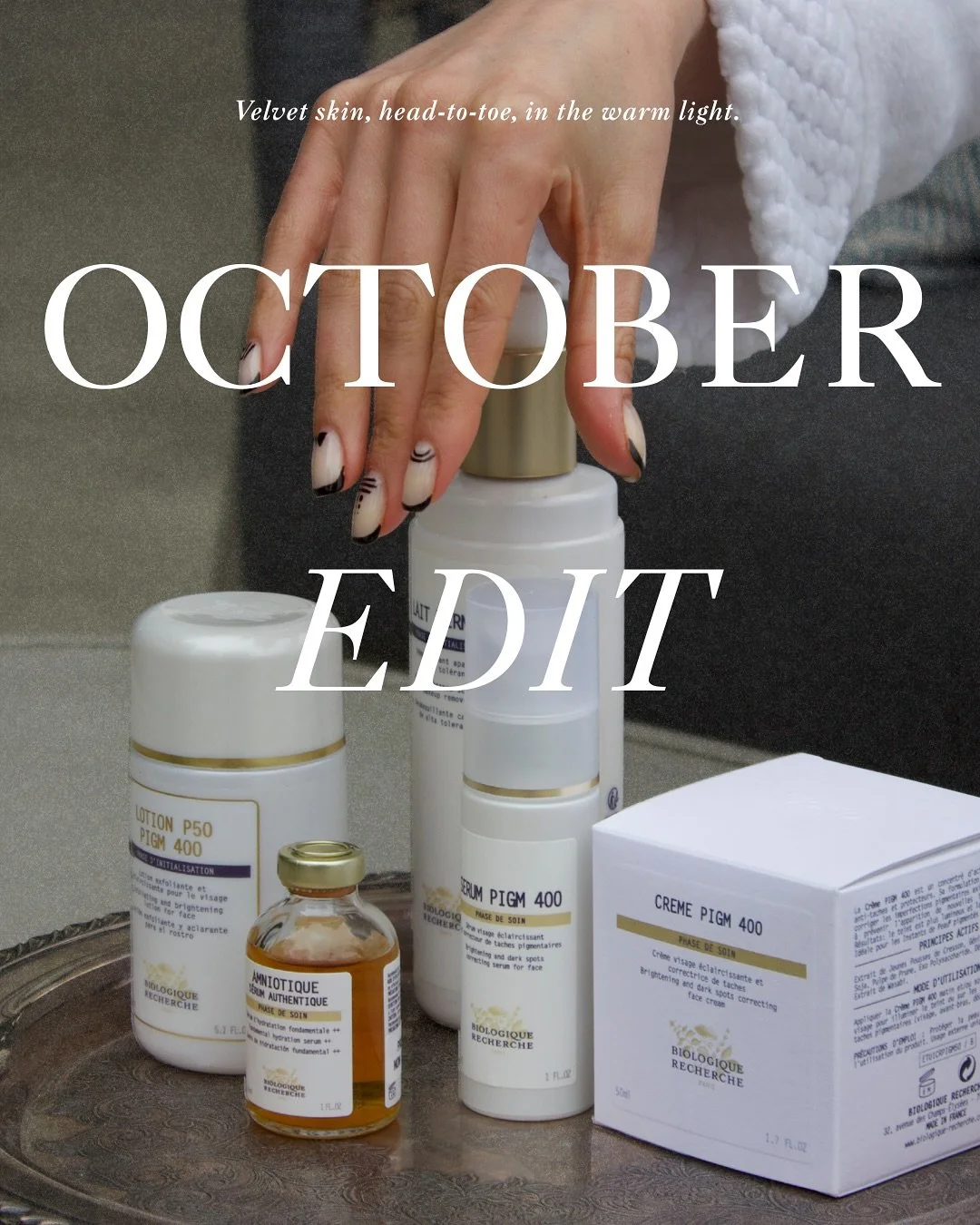 Velvet skin, head-to-toe, in the warm light.
The October Edit, an ode to renewal: soft transitions, refined rituals, and golden-hour radiance.
Biologique Recherche PIGM 400 Collection: even skin tone for post-summer clarity
The Protection Shield Fa