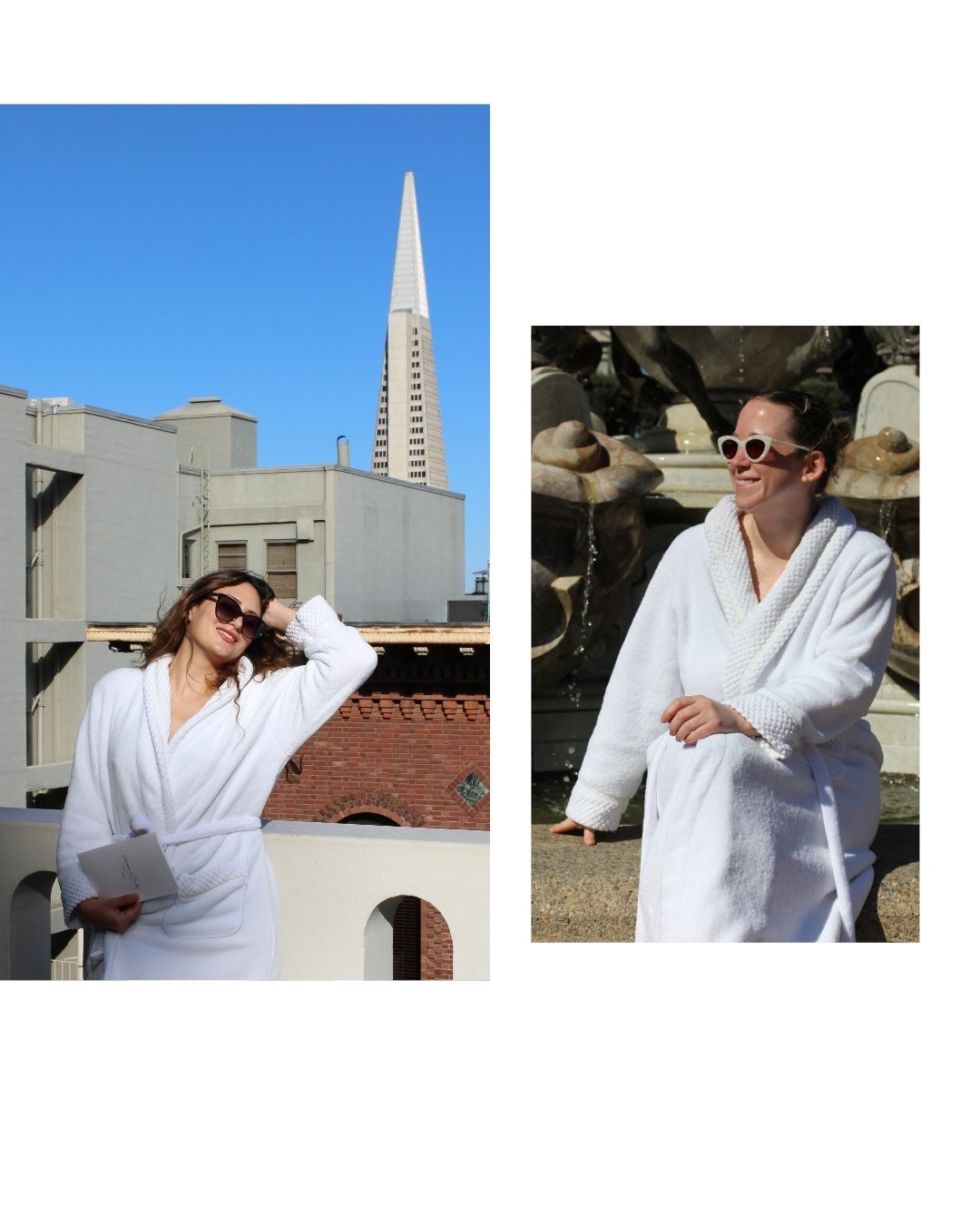 Two women relax in plush robes in the Rooftop Garden at the Fairmont San Francisco, enjoying post-facial glow and relaxation after treatments with Esthetician Aislinn.