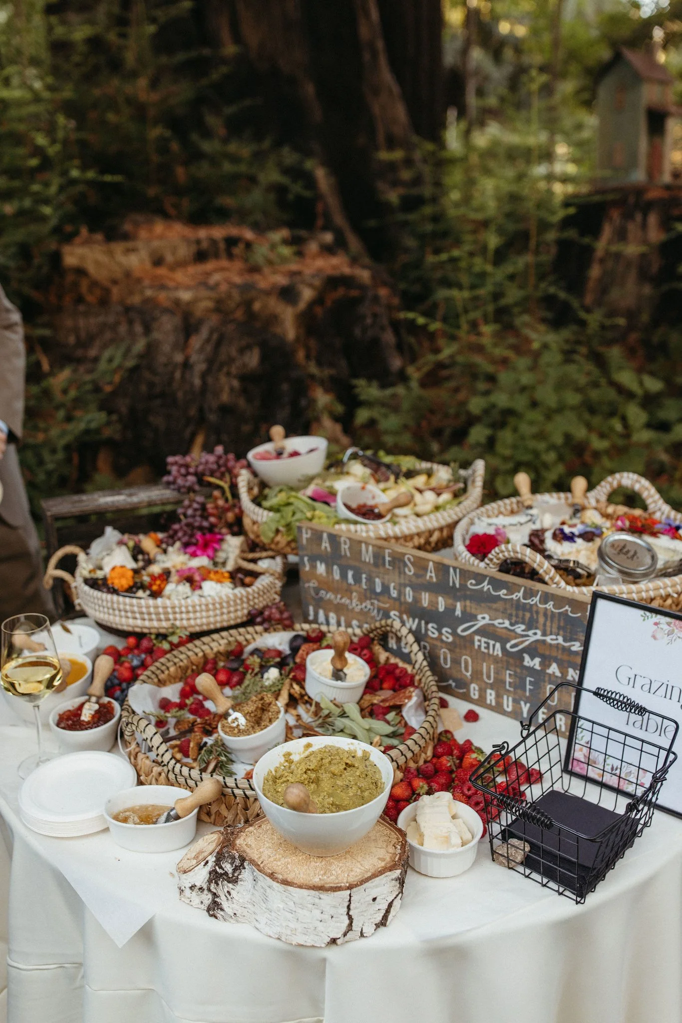 A cheese and fruit platter table with various cheeses, fresh berries, and small bowls of jams and spreads, set outdoors surrounded by trees and greenery.