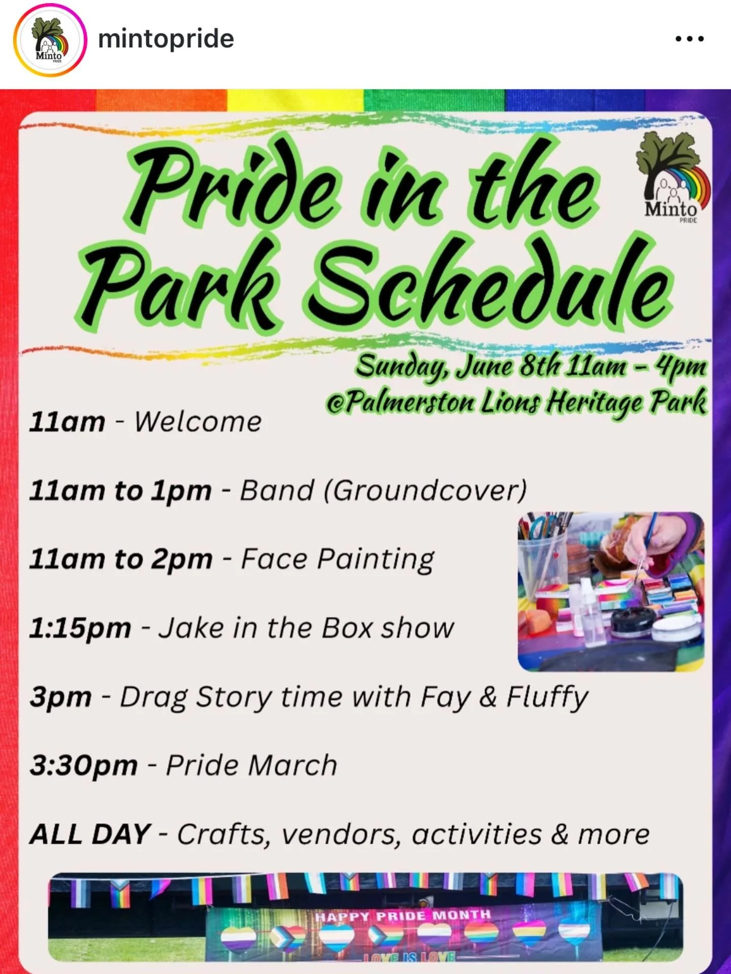 We&rsquo;re playing Minto Pride in the Park TOMORROW!! Come on out for great music and other performers and fun activities for the kiddos!😀🎸🎹🥁🎶