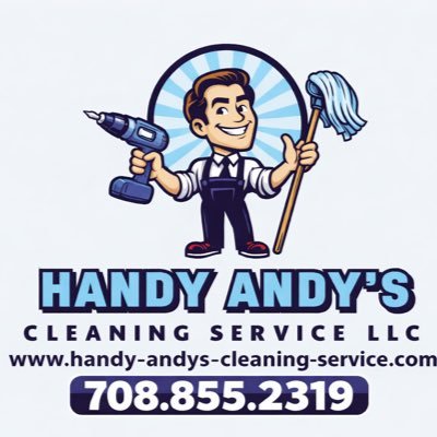 Cartoon illustration of a man in a vest and tie holding a power drill and a mop, representing handyman services for a cleaning company called 'Handy Andy's Cleaning Service LLC.' The logo includes the company's website and phone number.
