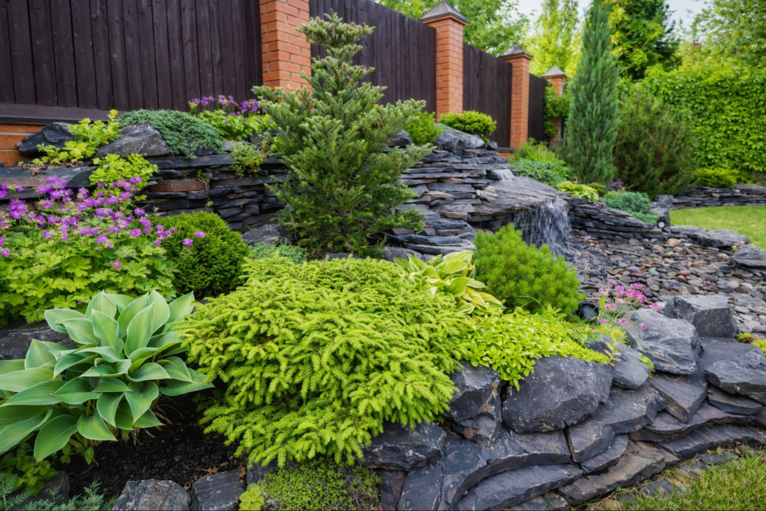 Jardin de paysage avec rocks, plantes vertes, un petit cascade et un fond de clôture en bois.