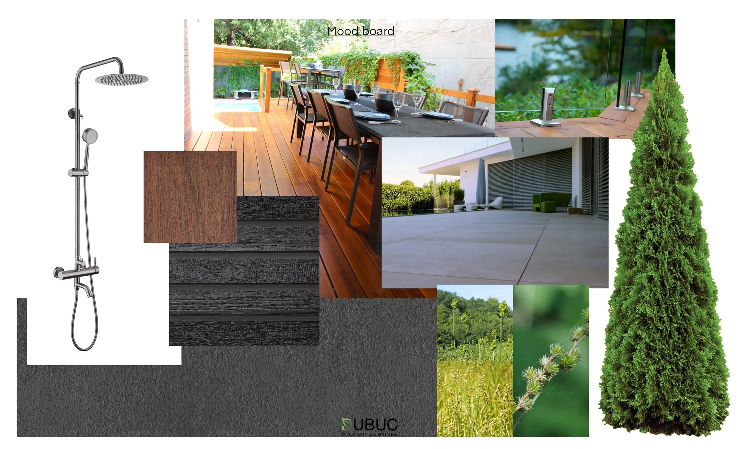Mood board avec éléments pour une terrasse extérieure : douche de pluie, planche en bois, meubles de terrasse modernes, végétation, et différents matériaux pour la décoration extérieure.