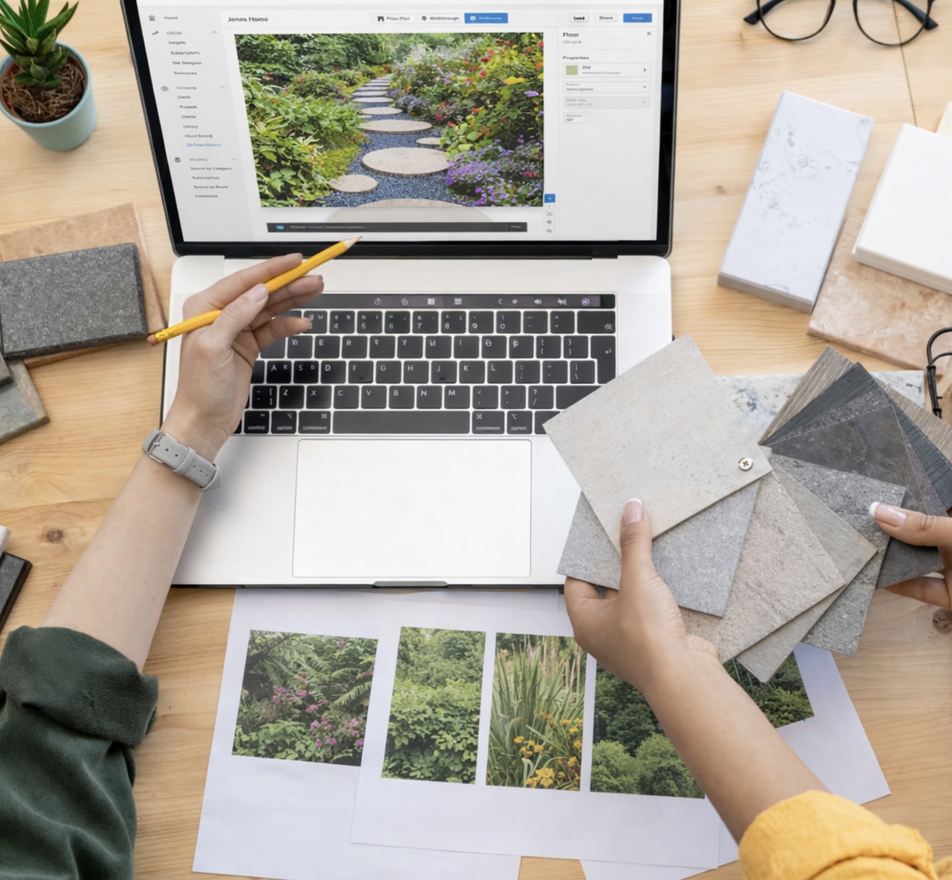 Écran d'ordinateur avec une image d'un chemin de pierres dans un jardin coloré, entouré de plantes et de fleurs, avec des échantillons de matériaux de revêtement de sol et de décoration de jardin autour d'une table en bois.