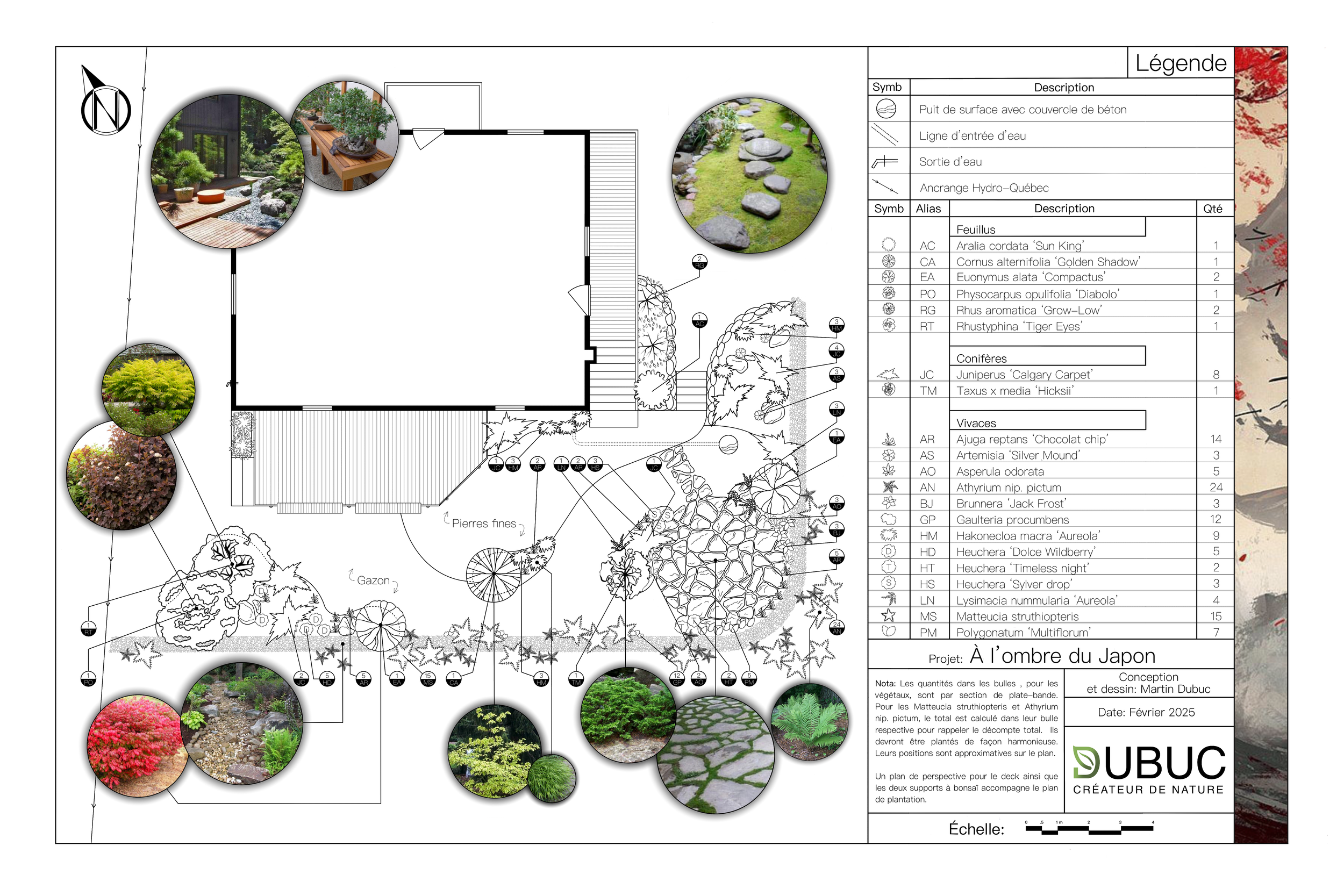 Plan d'aménagement paysager. Plan professionnel. Plan de plantation avec végétaux. Liste de végétaux. Plan.