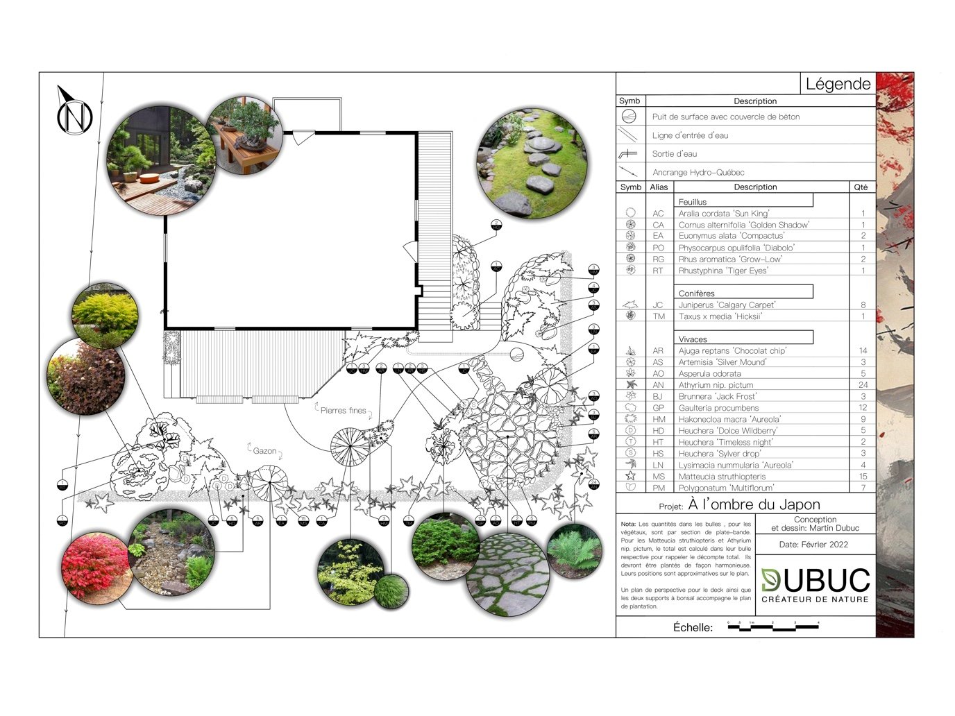 Plan d'aménagement paysager. Plan professionnel. Plan de plantation avec végétaux. Liste de végétaux. Plan.