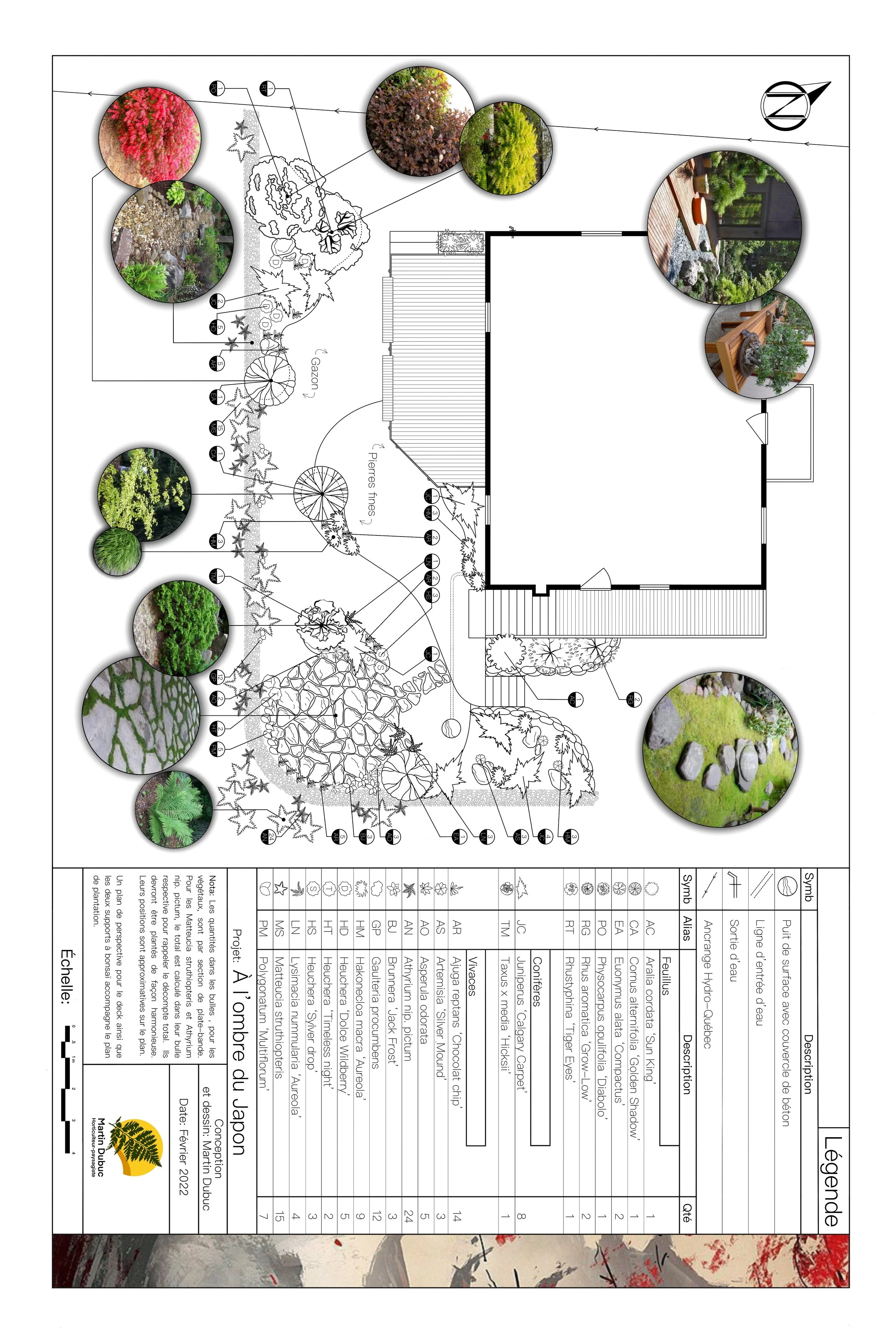 Plan d'un jardin paysager japonais avec diverses plantes, arbres et éléments décoratifs. Les images circulaires montrent des exemples de végétation et de design, tandis que la légende en bas détaille les espèces de plantes et leurs emplacements sur le plan. Échelle et date du projet incluses.