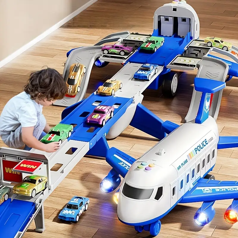 Large Airplane Toy Set, featuring a 42-Inch Toy Plane Along with 6 Vehicle Toys And 4 Tracks