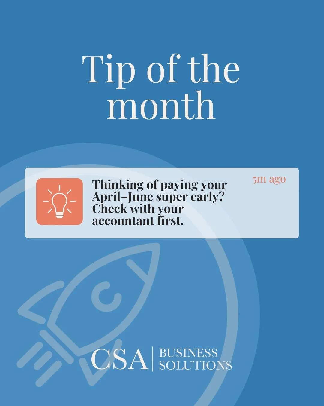 An EOFY tip worth saving 💡

Thinking about paying your April&ndash;June super before 30 June? It could mean claiming the deduction in this financial year, but the timing has to be right.

Super is only deductible once it's actually received by the f