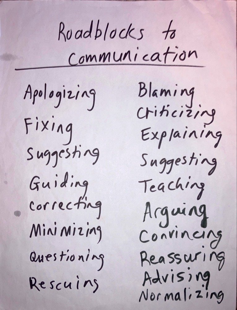 Roadblocks to communication list from parenting therapy