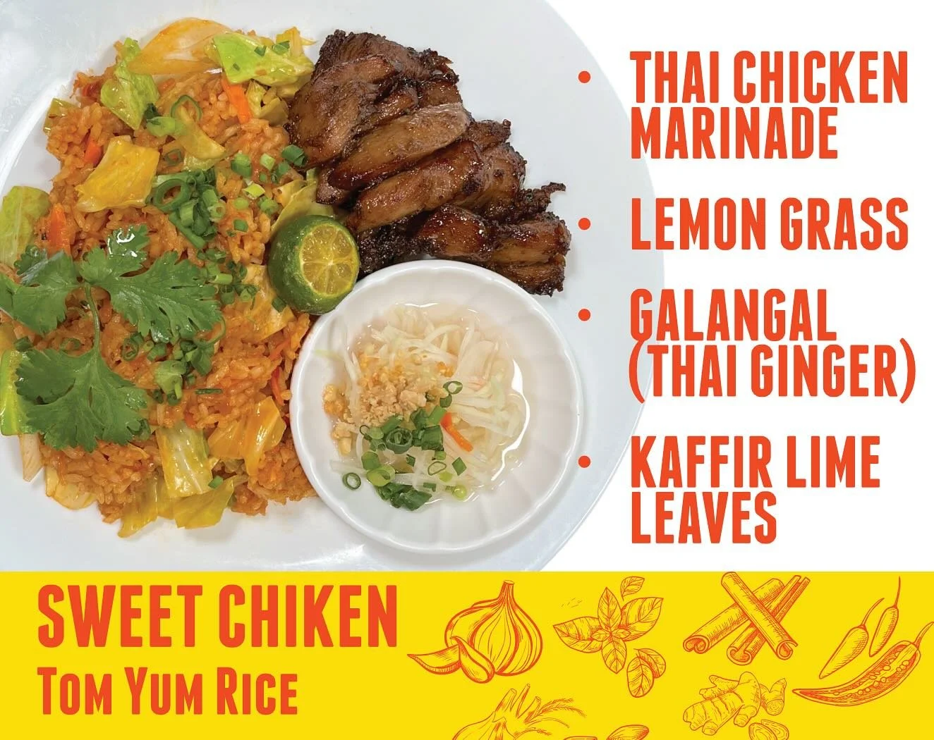 ✨ Food Highlight of the Week ✨
Our Sweet Chicken Tom Yum Rice is powered by Thai aromatics and marinade that pairs perfectly with our signature rice.
We use locally grown galangal, lemongrass, and kaffir lime leaves, not just extracts, but a fresh