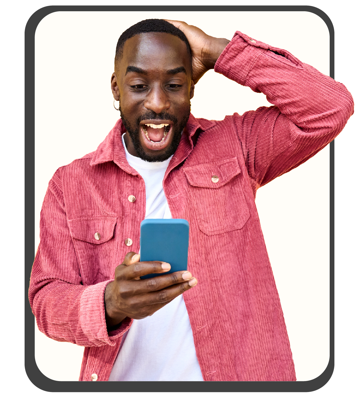 A surprised man wearing a red corduroy jacket and white shirt looking at his phone with an open mouth, hand on head gesture.