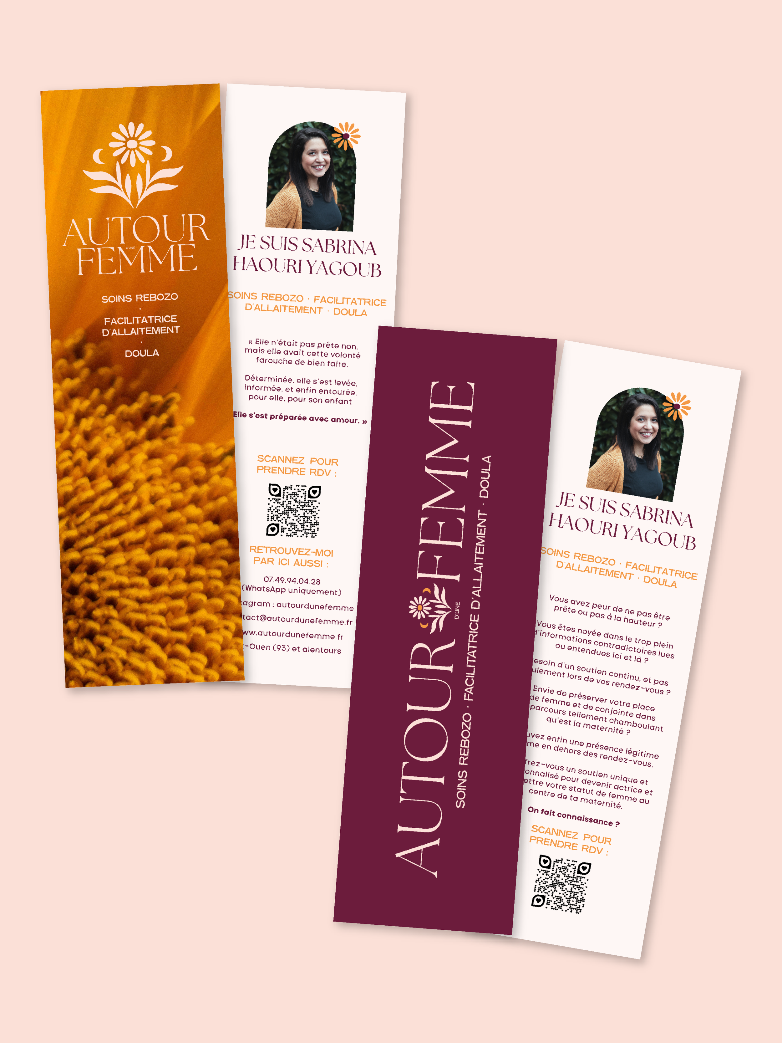 Cartes de visite format marque page aux couleurs de l'image de marque d'Autour d'une Femme, doula dans le 95 et en Île de France.